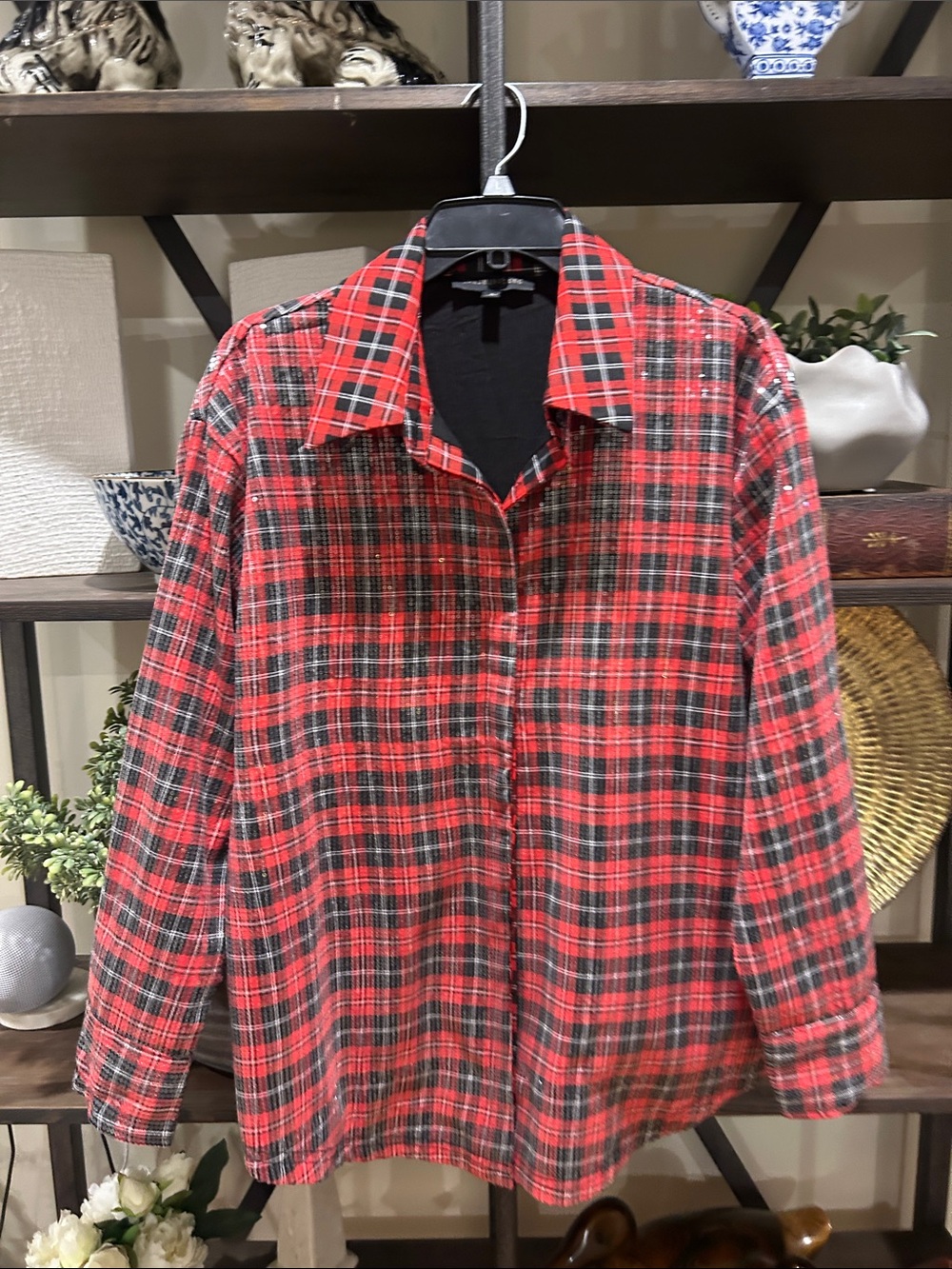Dance & Marvel Red Plaid women’s sequined Button-Up Shirt small